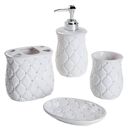 Accessori bagno bianco decoro rombi effetto trapuntato 4 pezzi