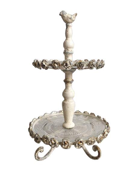 Alzata ferro bianco shabby con rose e vetro 2 piani 46H