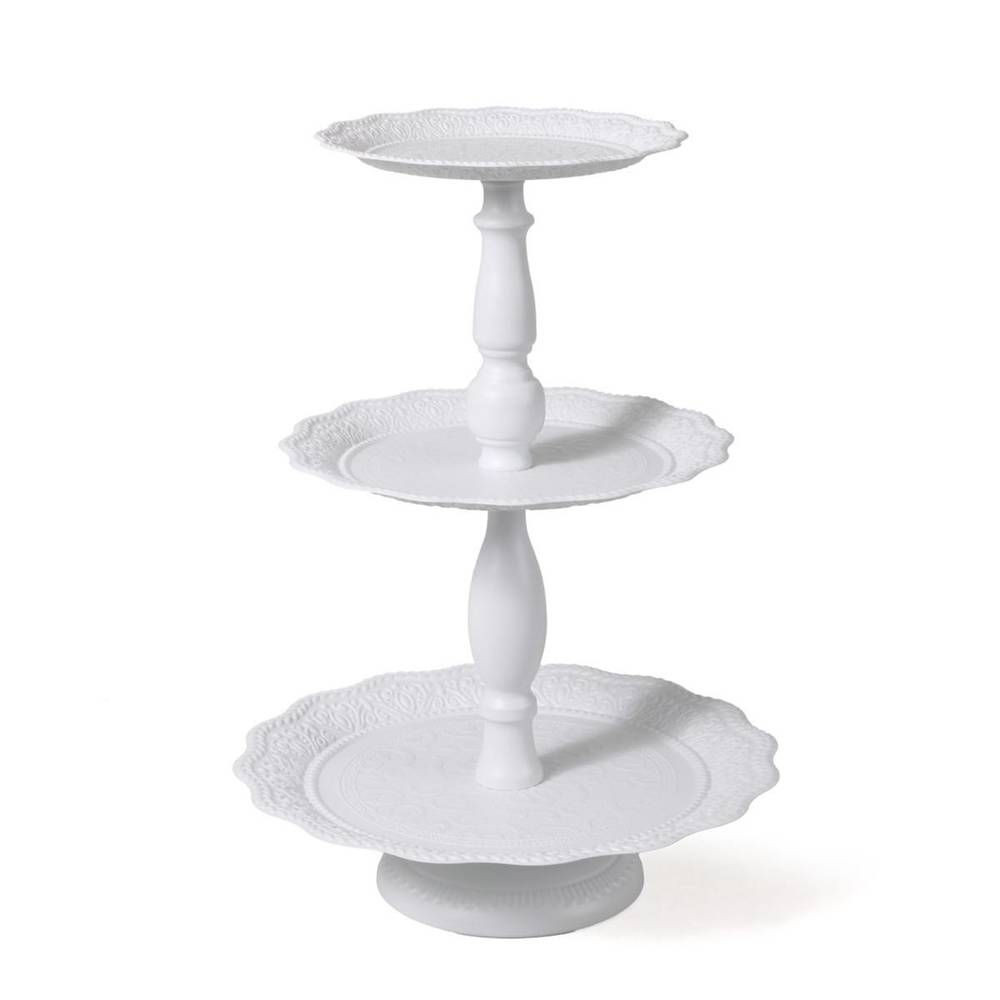 Alzata metallo bianco 3 piani con decoro a rilievo