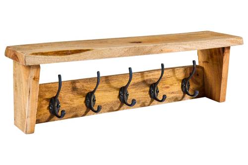 Appendiabiti con mensola legno rustico vintage a parete 5 ganci cm 50