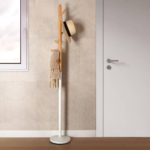 Appendiabiti da terra legno base tonda metallo bianco e pioli in legno
