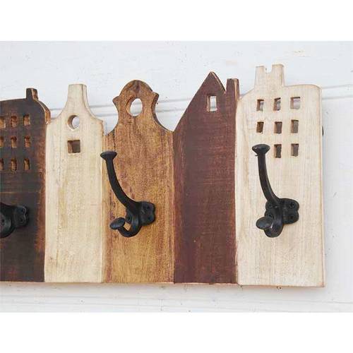 Appendiabiti legno villaggio case 5 ganci vintage