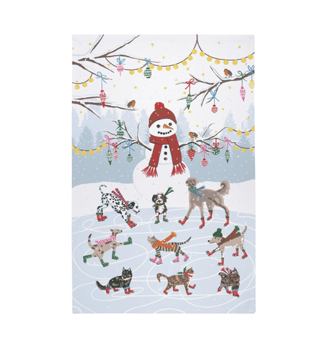 Asciugapiatti cotone  gatti e cani natalizi pattinatori Christmas Ice Skating Animals