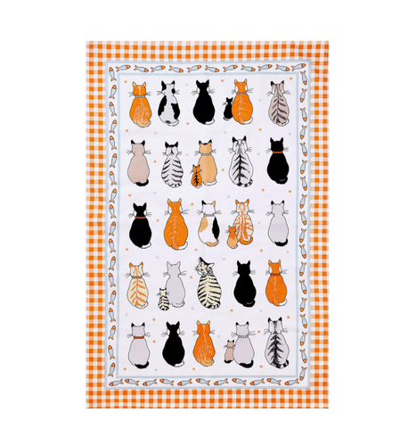 Asciugapiatti cotone gatti in attesa cornice arancio Cats in Waiting
