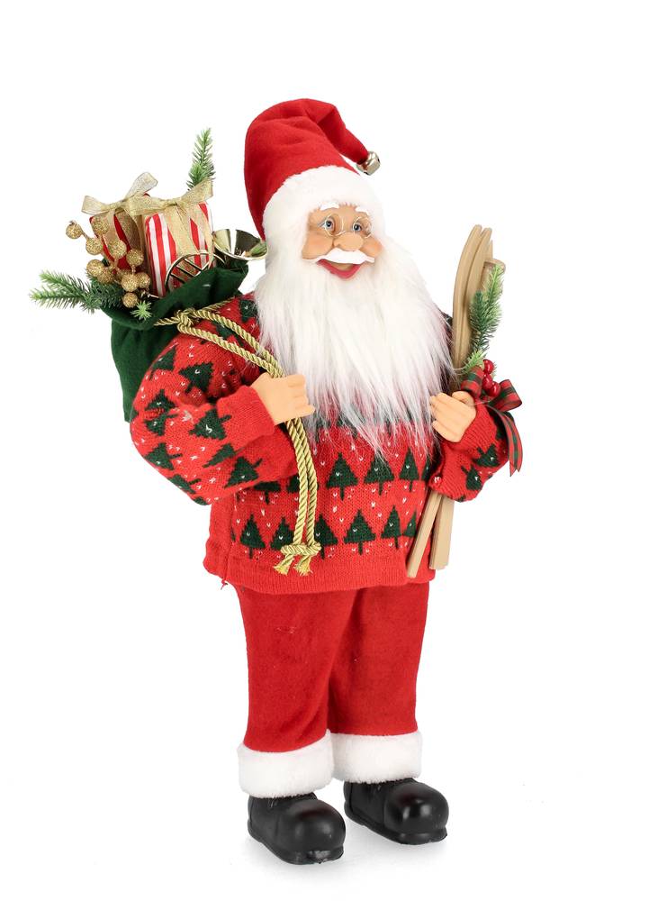 Babbo natale giacca rossa con pini verdi e sci di legno 60h