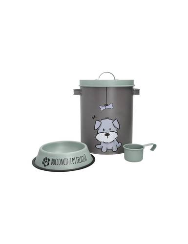 Barattolo Dog cane metallo con ciotola e misurino per croccantini