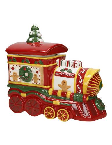Barattolo biscottiera treno natalizio rosso con omini pan di zenzero