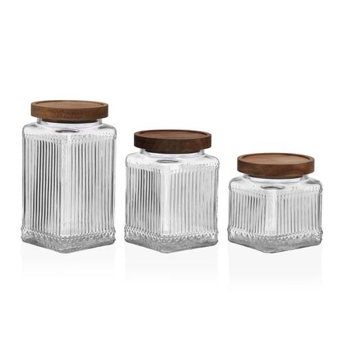 Barattolo vetro trasparente righe con tappo legno 520ML