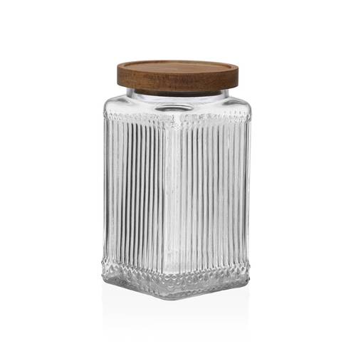 Barattolo vetro trasparente righe con tappo legno 980ML