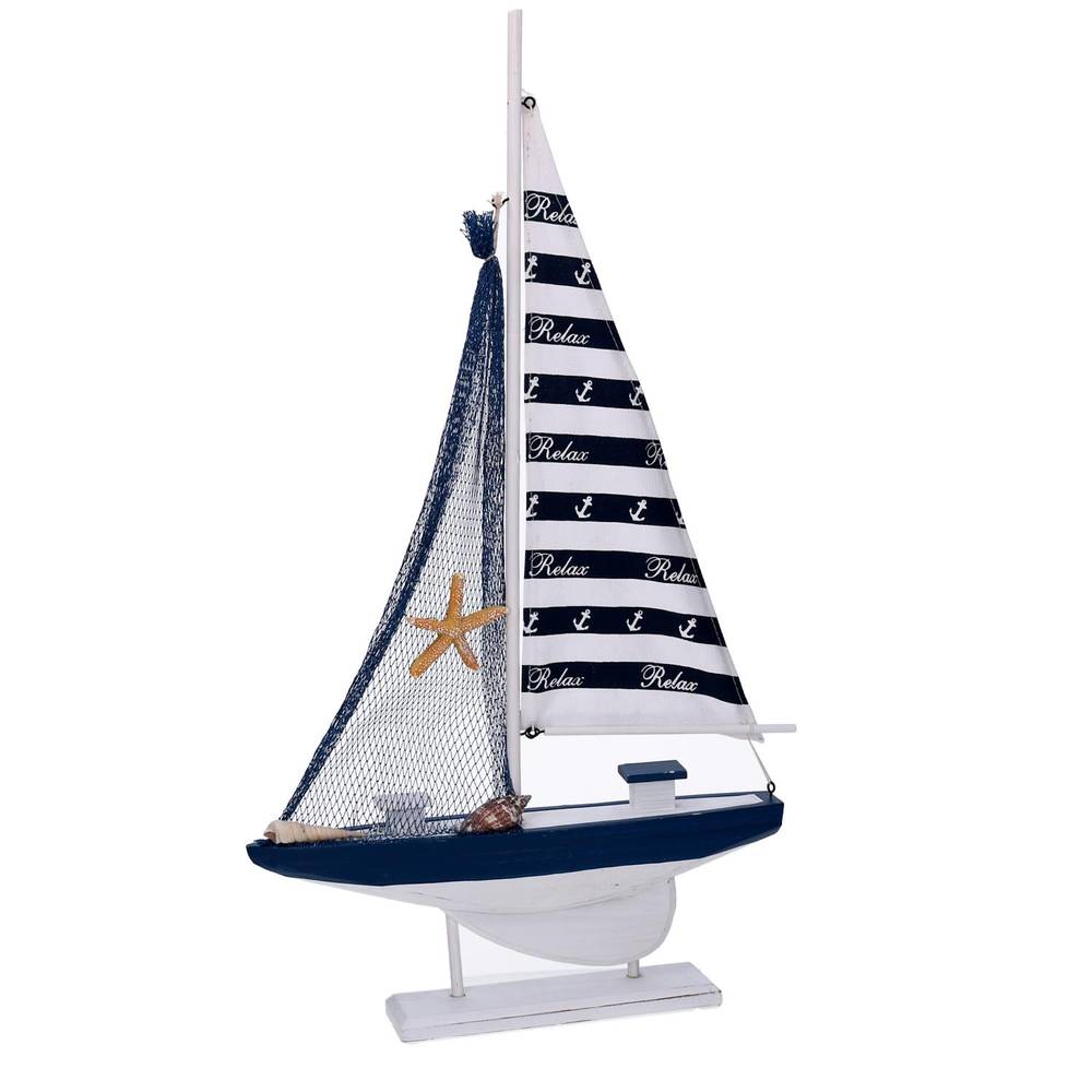 Barca a vela legno blu e bianco decorativa 57h