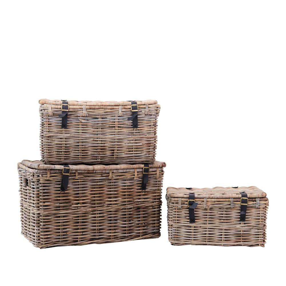 Baule giunco grigio con cinghie pelle vintage