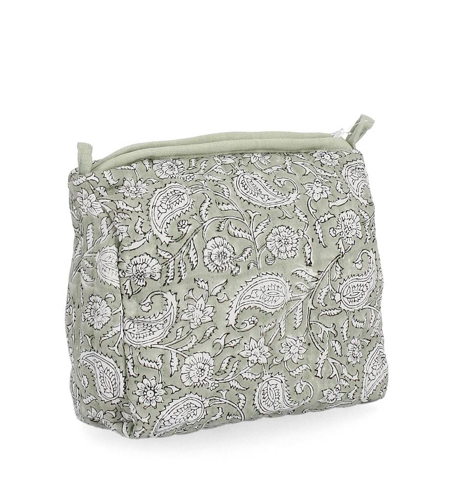 Beauty case cotone stampa floreale fiori bianchi su fondo verde oliva 22x17h