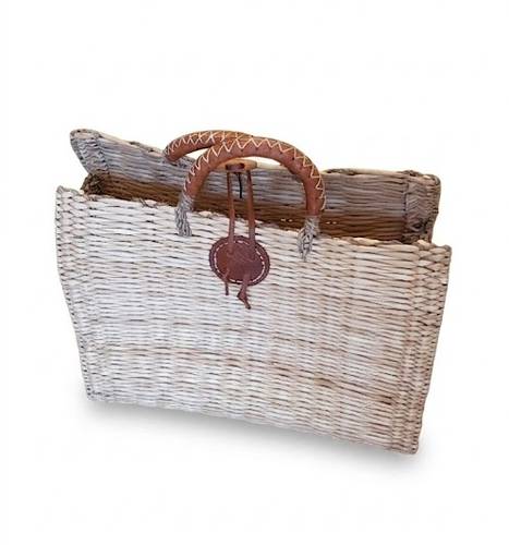 Borsa a mano intrecciata giunco a sporta chiusura e manici cuoio 39x34h