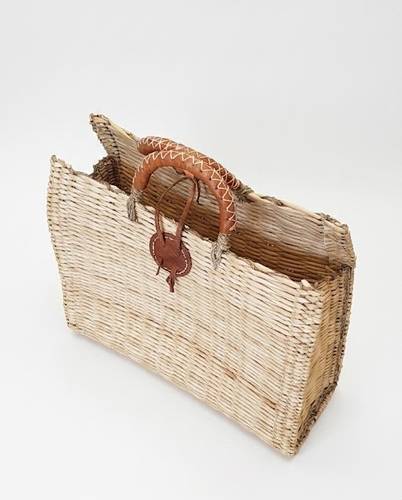 Borsa a mano intrecciata giunco a sporta chiusura e manici cuoio 39x34h