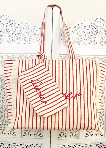 Borsa mare Summer cotone bianca righe rosse a spalla con pochette