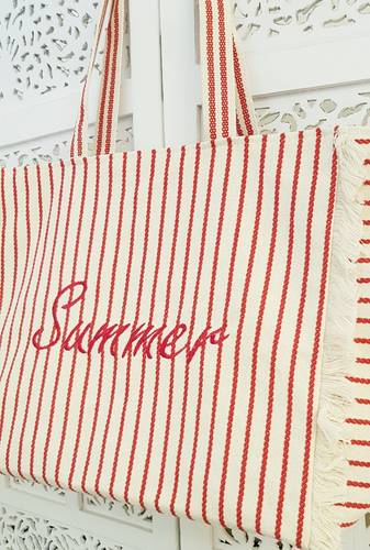 Borsa mare Summer cotone bianca righe rosse a spalla con pochette