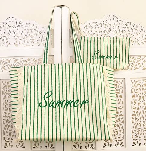 Borsa mare Summer cotone bianca righe verdi a spalla con pochette