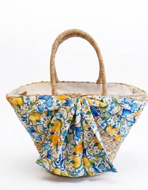 Borsa paglia da mare fodera blu e gialla limoni da spalla con cerniera