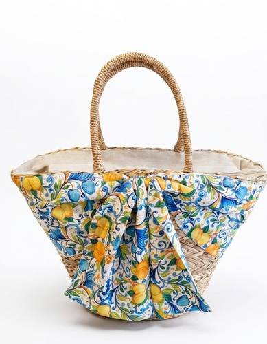 Borsa paglia da mare fodera blu e gialla limoni da spalla con cerniera