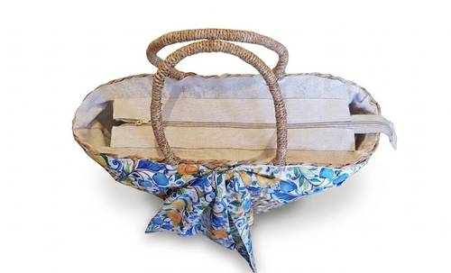 Borsa paglia da mare fodera blu e gialla limoni da spalla con cerniera