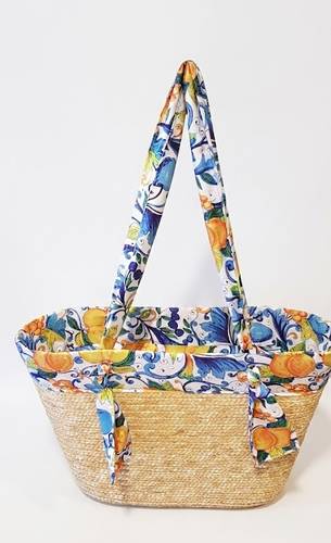 Borsa paglia paglia di firenze da spalla fodera limoni blue e giallo con cerniera