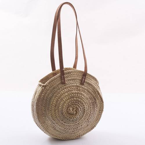 Borsa a spalla paglia tonda palma manici lunghi cuoio