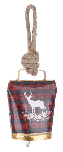 Campanella metallo decoro tartan rosso con renna da appendere