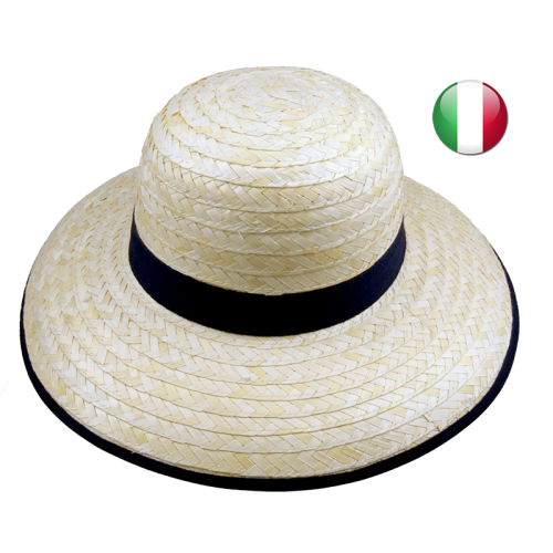 Cappello donna paglia naturale chiara nastro e bordo tessuto modello Pamela