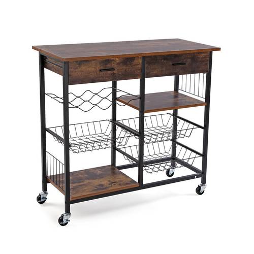 Carrello cucina legno noce con 3 cestelli + ripiani + 2 cassetti + portabottiglie con ruote