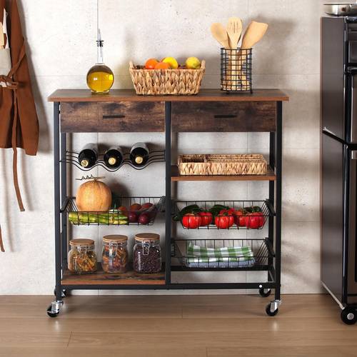Carrello cucina legno noce con 3 cestelli + ripiani + 2 cassetti + portabottiglie con ruote