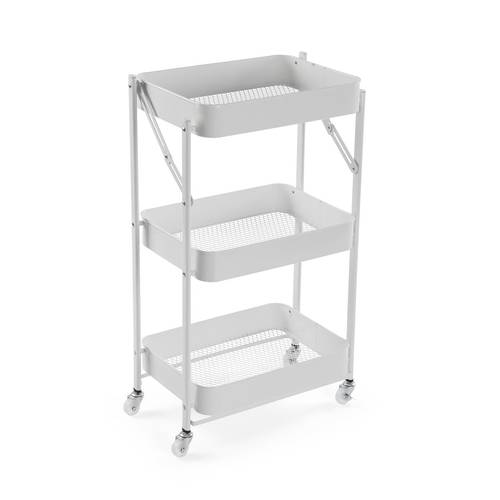Carrello cucina metallo bianco pieghevole tre piani a cestello con ruote