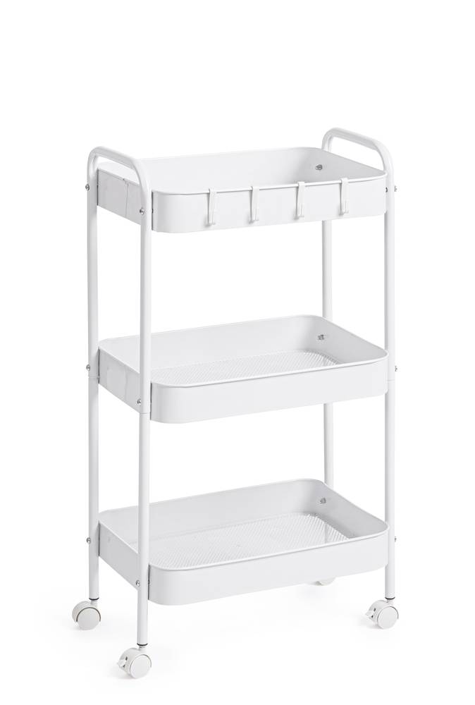 Carrello cucina metallo bianco tre piani a cestello con ruote