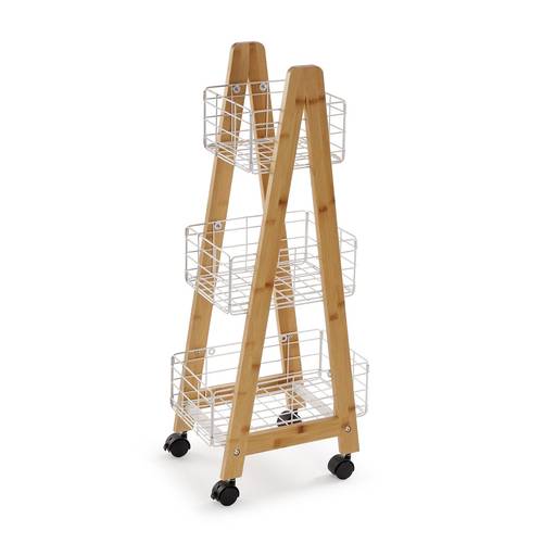 Carrello metallo bianco tre piani a cestello con struttura bamboo e ruote