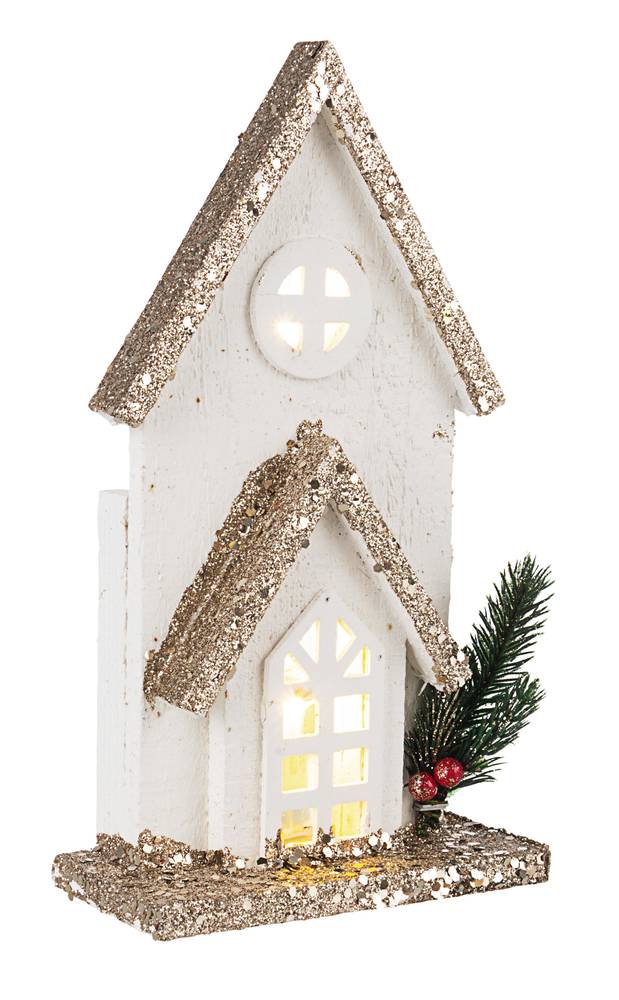 Casa natalizia legno bianco oro luce led 2 tetti 28h