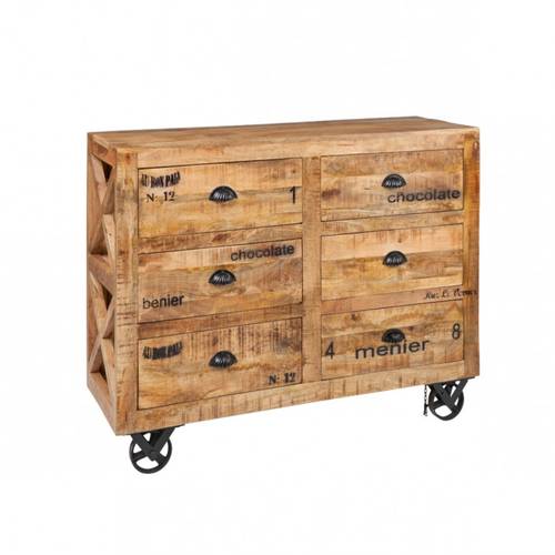 Cassettiera industrial legno naturale 6 cassetti con ruote