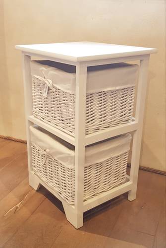 Cassettiera legno bianco 2 cassetti vimini con fodera
