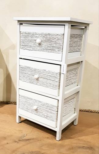 Cassettiera legno bianco 3 cassetti corda intreccio