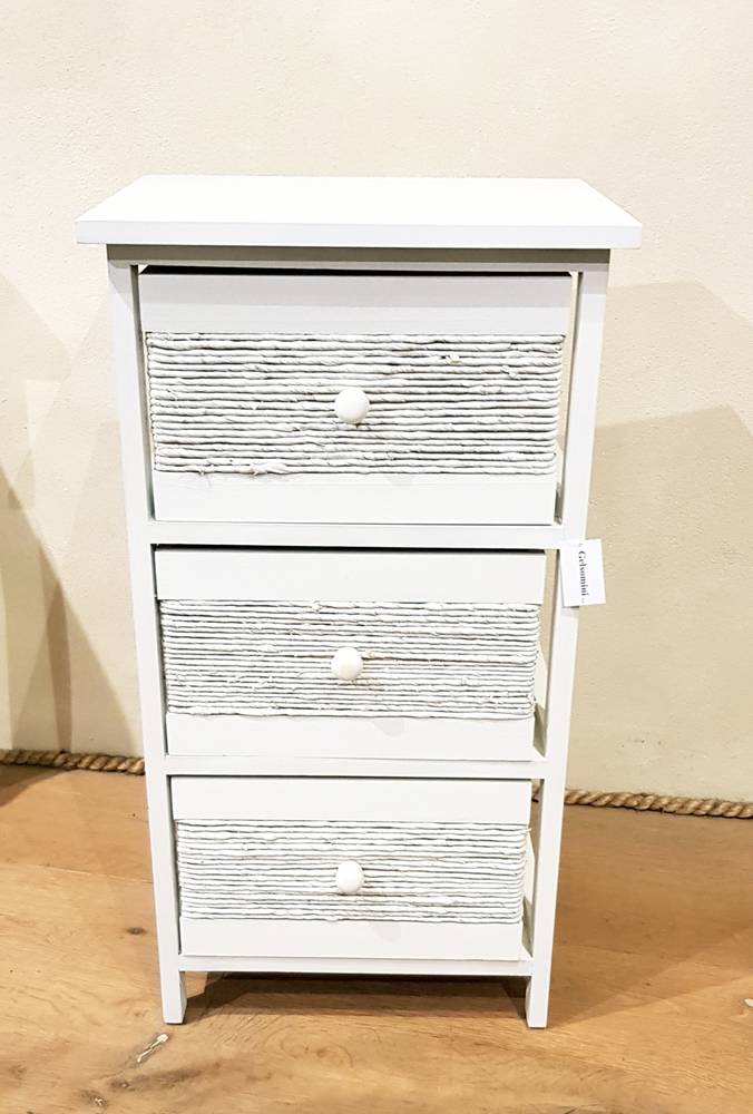 Cassettiera legno bianco 3 cassetti corda intreccio