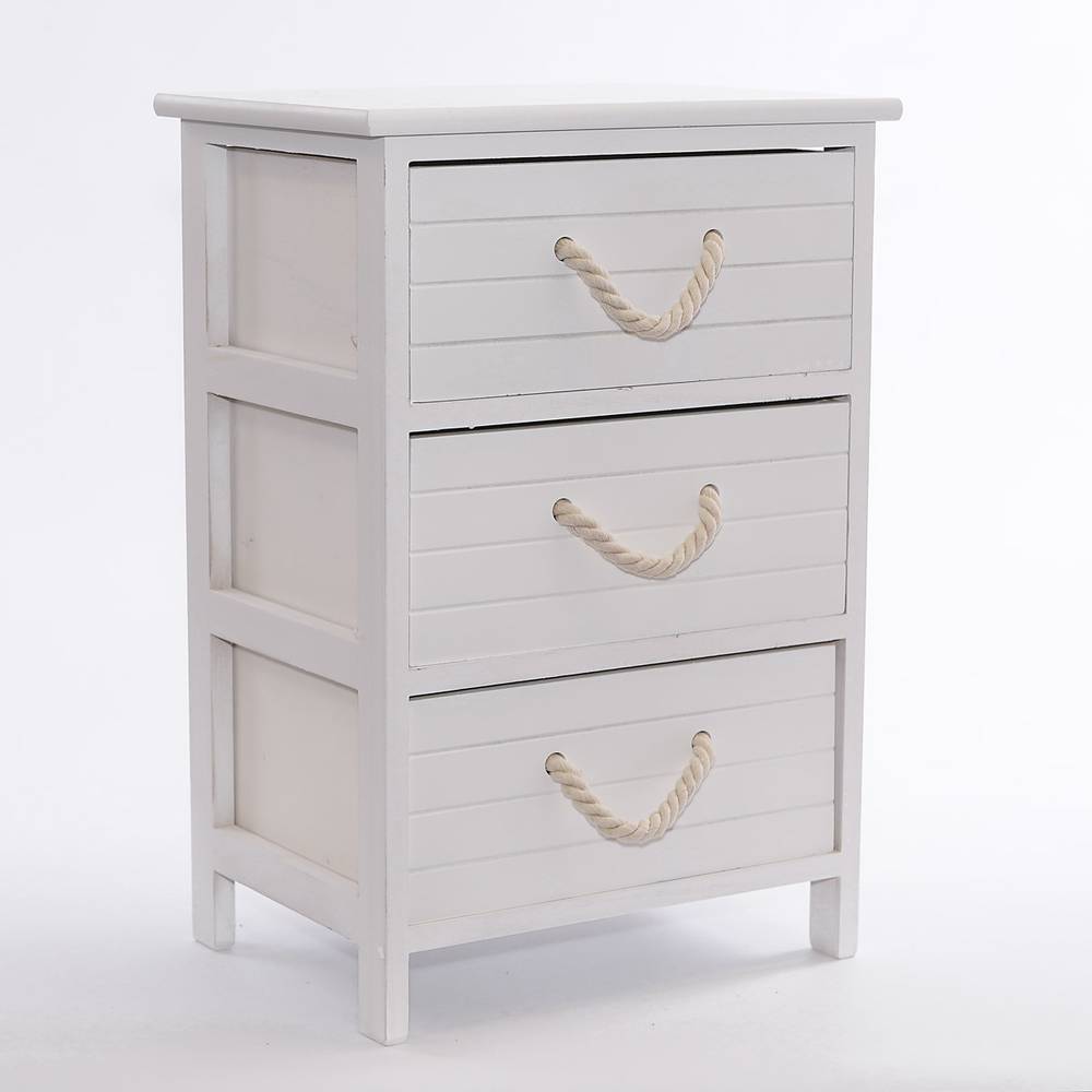 Cassettiera legno bianco maniglie corda 3 cassetti 40x29x58h