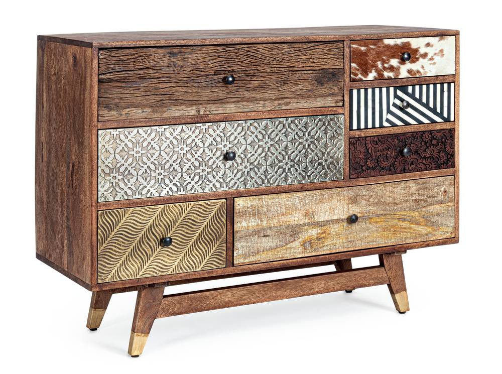 Cassettiera legno mango naturale 7 cassetti colorati
