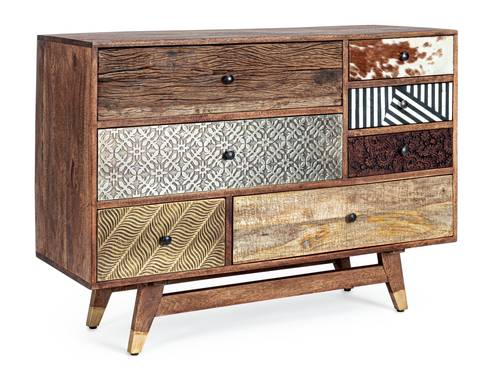 Cassettiera legno mango naturale 7 cassetti colorati