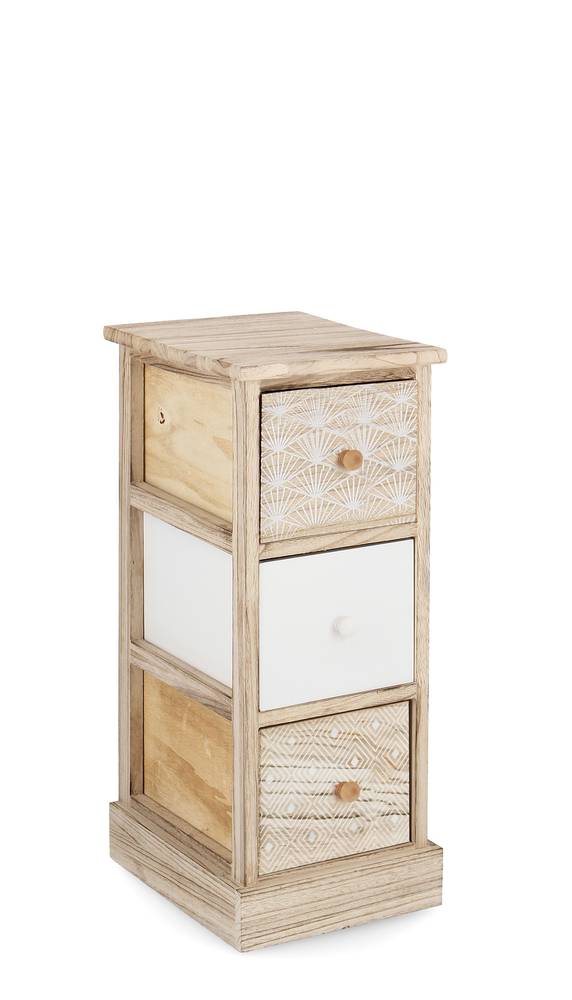 Cassettiera legno naturale decoro bianco rombi 3 cassetti stretti 62h