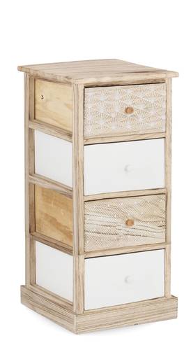 Cassettiera legno naturale decoro bianco rombi 4 cassetti 73h