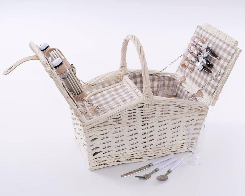 Cestino pic nic con manico 2 ante vimini bianco accessori 4 persone fodera beige