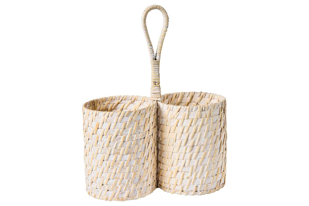 Cestino rattan bianco con divisorie portabottiglie con manico