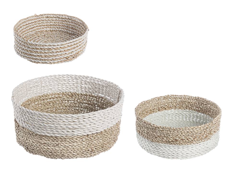 Cesto ciotola cordoncino paglia e raffia tondo naturale e bianco