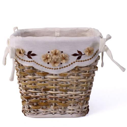 Cesto gettacarta rattan naturale con fodera ricamo fiori