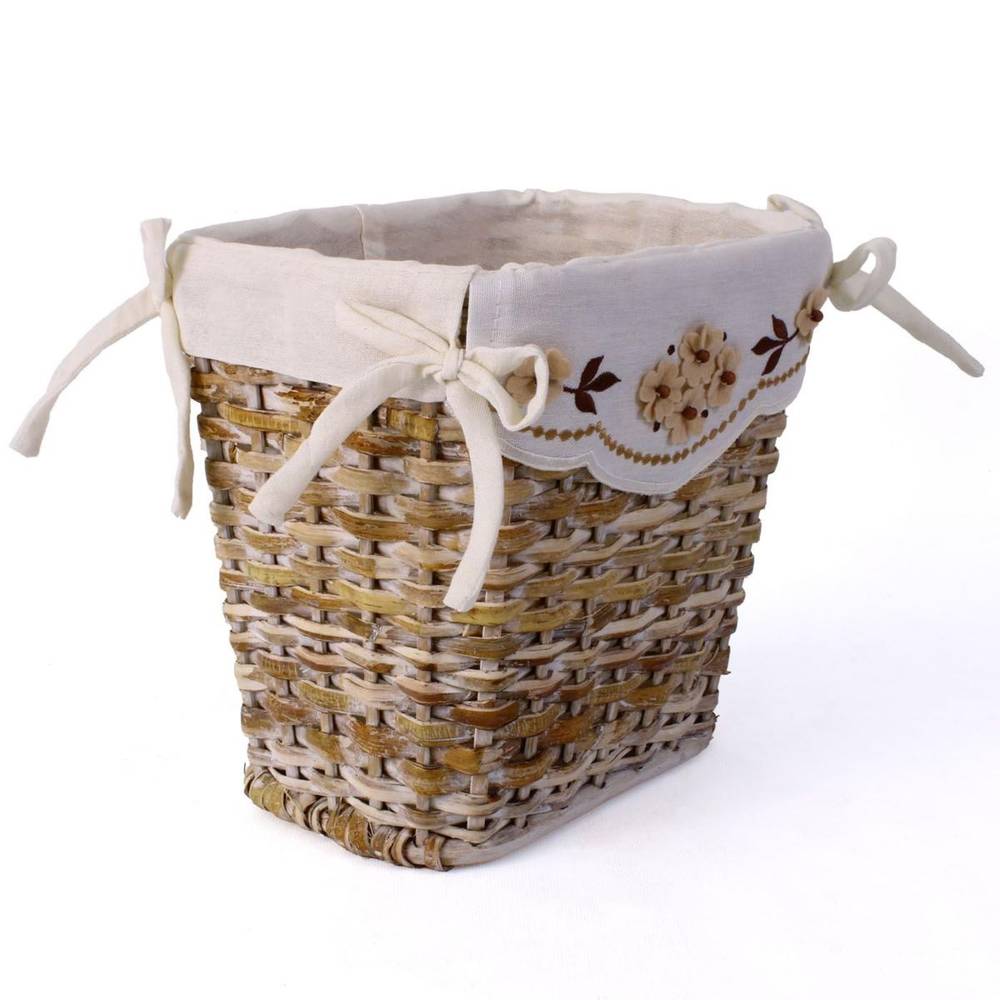 Cesto gettacarta rattan naturale con fodera ricamo fiori