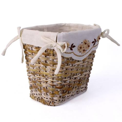Cesto gettacarta rattan naturale con fodera ricamo fiori
