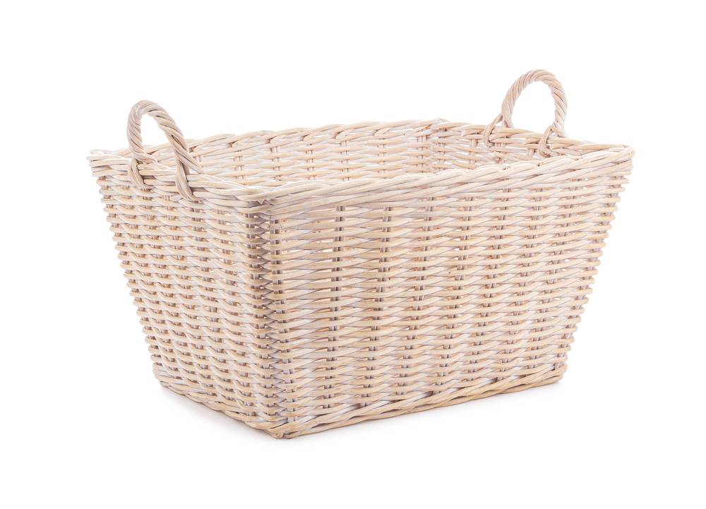 Cesto legna rattan bianco rettangolare svasato con manici 62x46